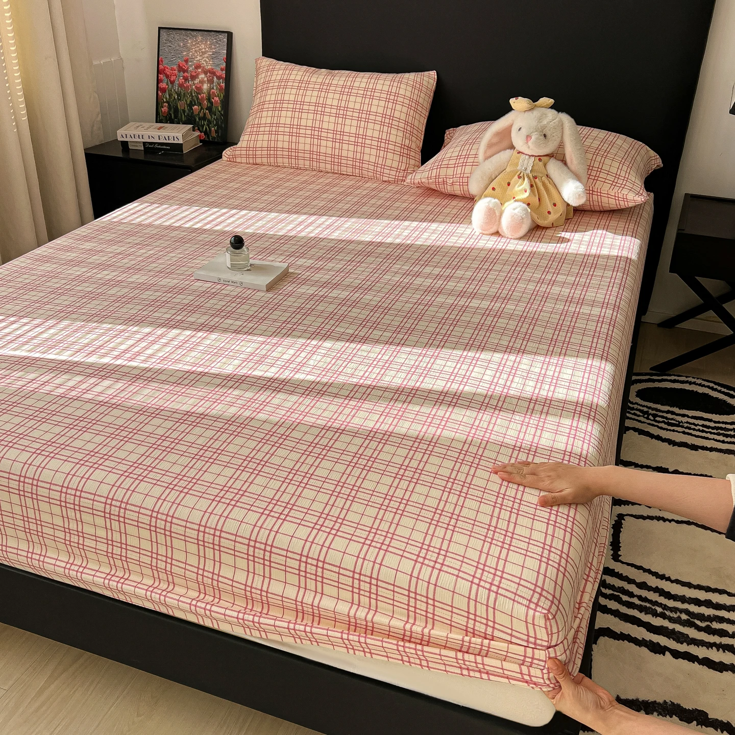 Double-layer Gauze Fitted Sheet Striped and Checkered Printed Bed Sheets Single/Queen Size Soft Fitted Bed Sheet roupa de cama