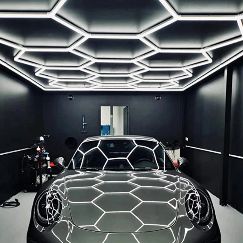 Custom Designed Car Detailing Honeycomb Garage Ceiling Design Hexagon Led Lights