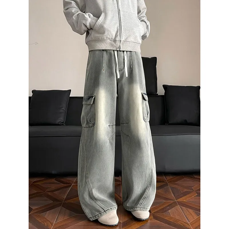 American Washed Men's Jeans 2025 New Spring Autumn Workwear Large Pocket Oversize Cool Straight Leg Wide Leg Pants
