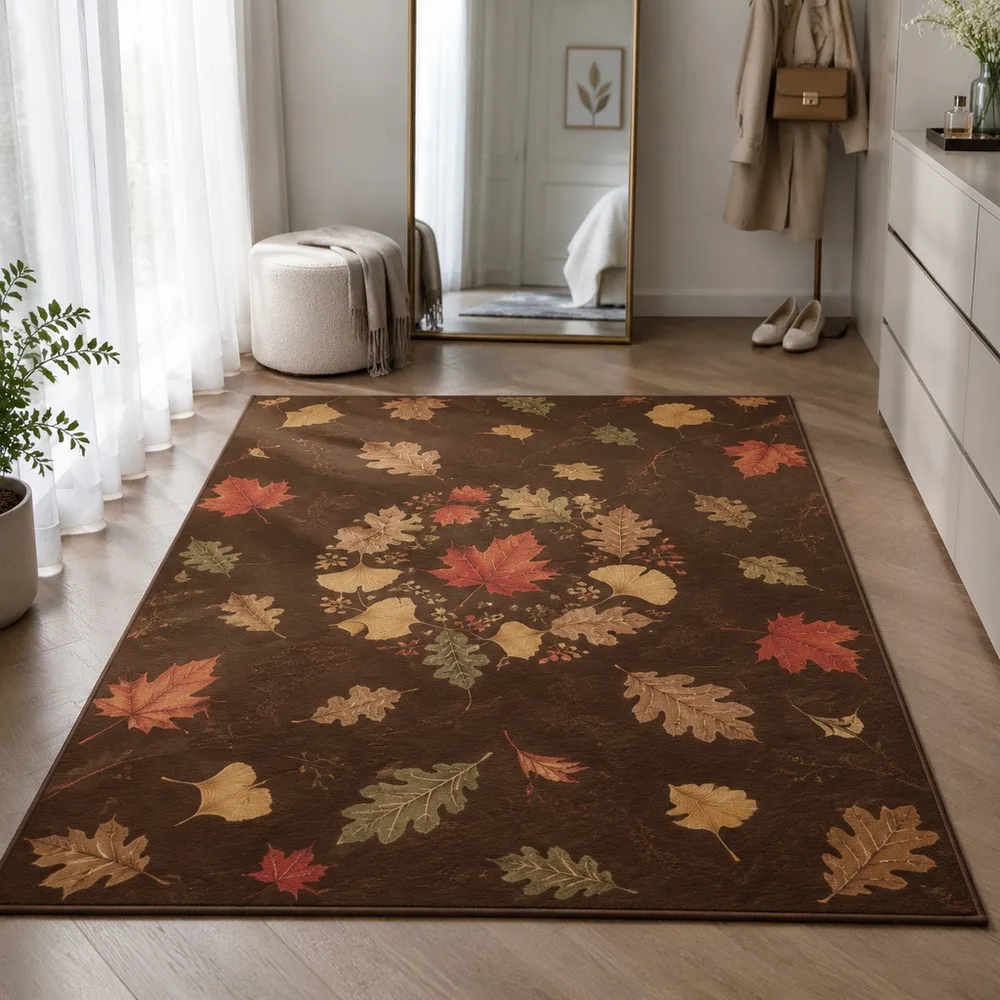 VIKAMA Floor Mat Espresso Brown Maple Ginkgo Oak Leaf Scatter Anti Slip Bedroom Dining Room Balcony Front Door Home Decoration