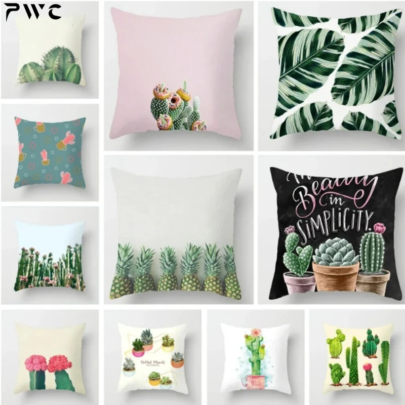 

Tropical Plant Decorative Polyester Cushion Cover Cactus Green and White Printed Pillowcase for Home Chair Car Couch 45X45CM