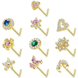 10 pieces of 316L stainless steel L-shaped inset shining zircon nose stud, fashionable piercing jewelry for women