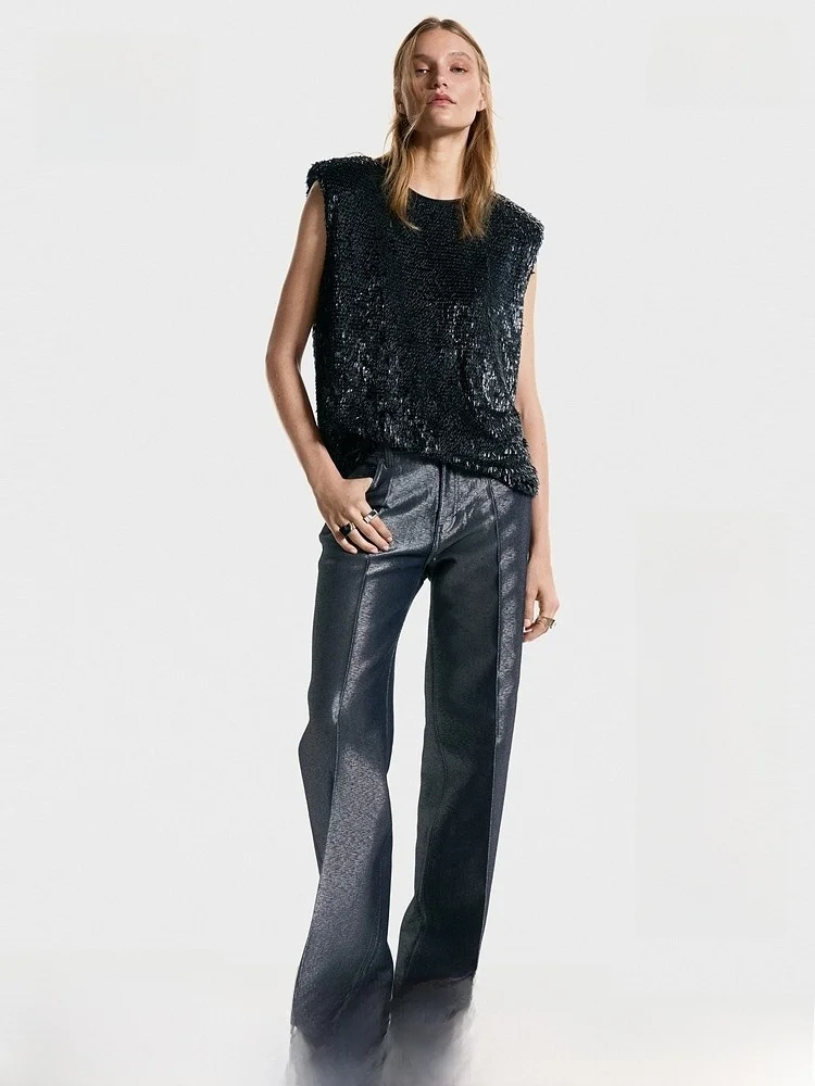 

H&M Women's T-shirt round Neck Sleeveless Dinner Inner Wear Sequin Shoulder Pad Top Casual Loose Fit Polyester Spandex Blend