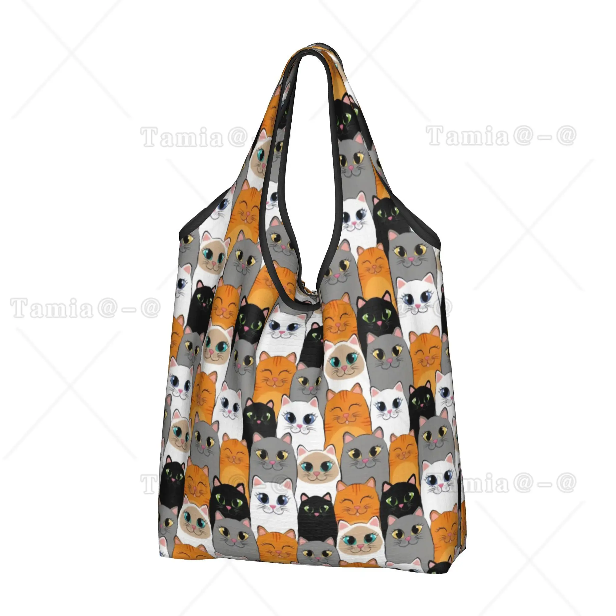 Custom Cat Seamless Pattern Colourful Creative  Shopping Bags Women Portable Large Capacity Groceries  Tote Shopper Bags