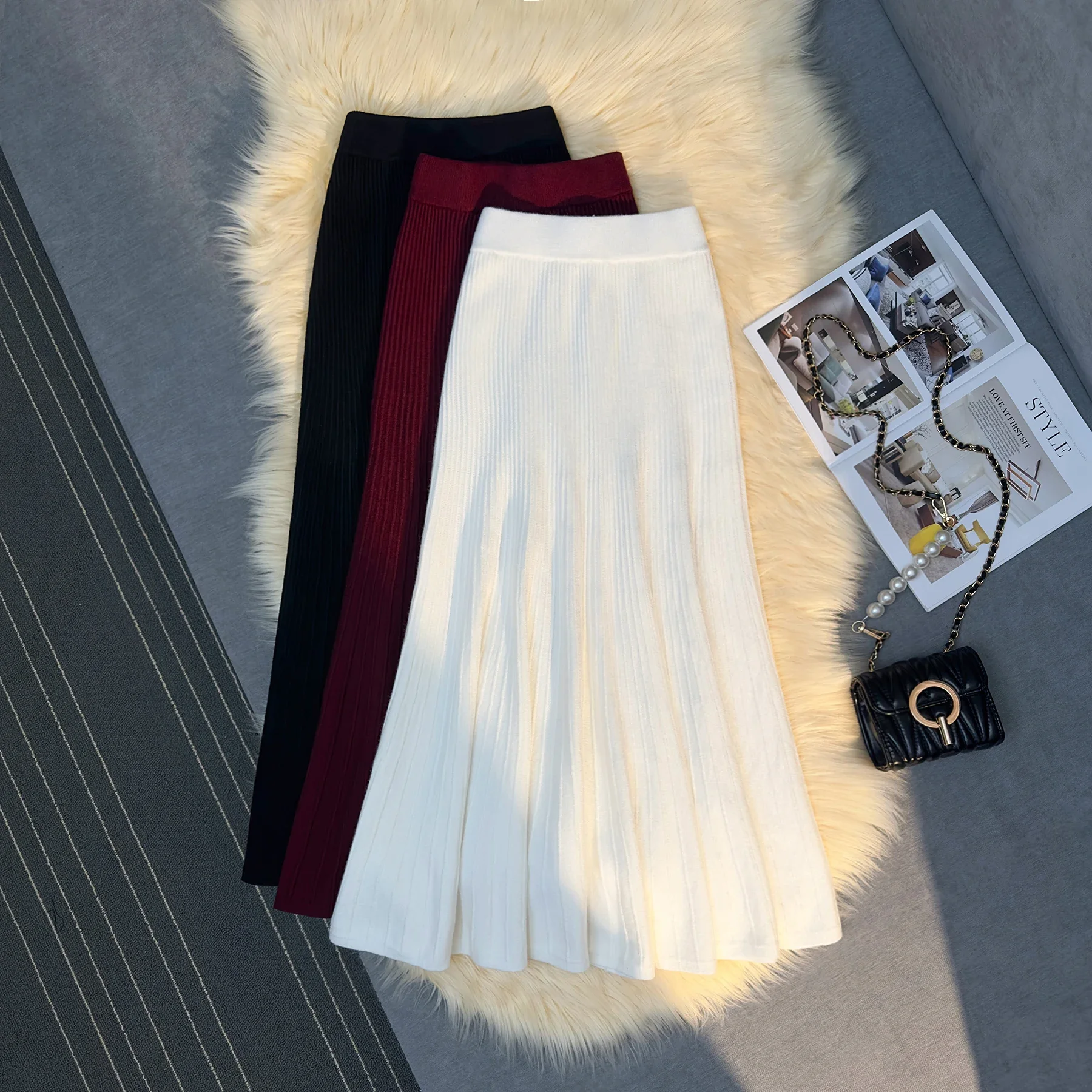 Thick knitted pleated skirt with fish tail skirt, women's autumn and winter 2024 new A-line skirt, high waist skirt, long skirt