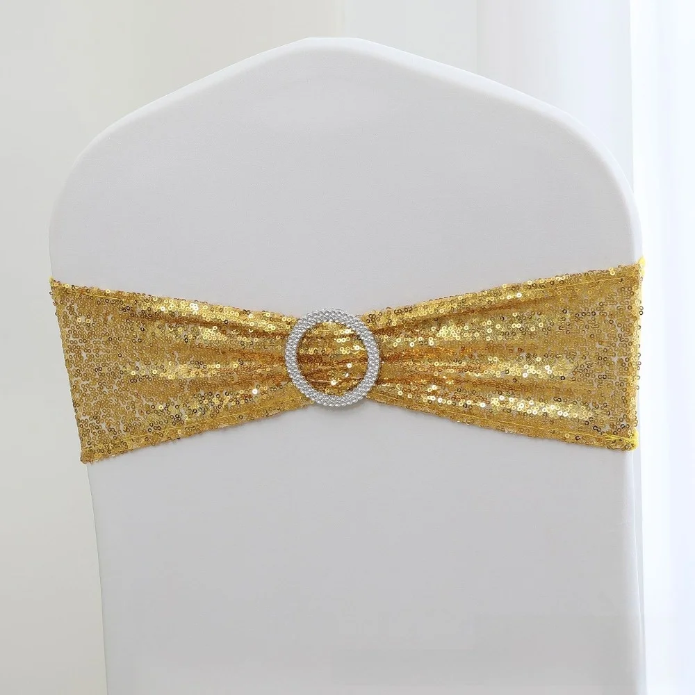 1PC Rhinestone Ring Buckle Sequin Chair Sash No-Tie Design Stretch Elastic Stretch Chair Cover Sequin Embellishment