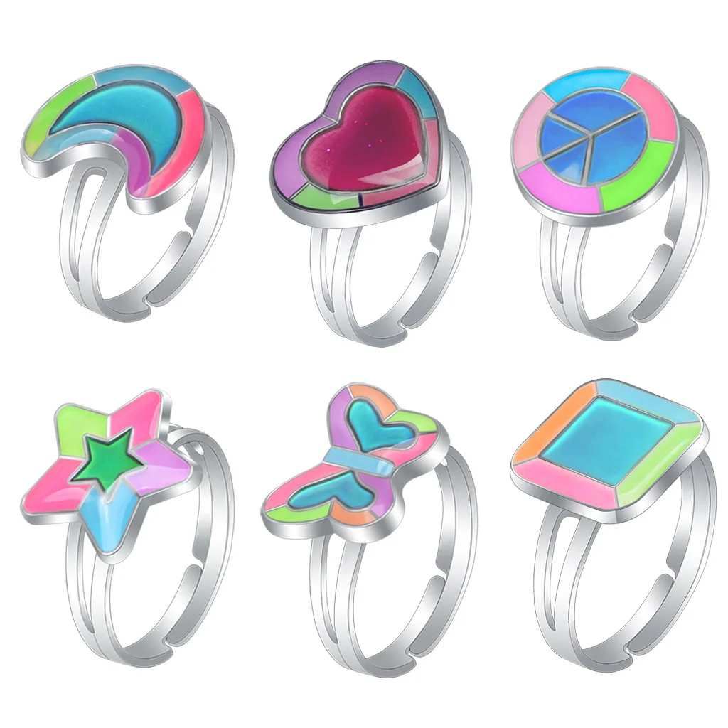 12pcs/box Fashion Luminous Peach Heart Love Butterfly Moon Temperature-sensing Magic Light Fingertips Mood Color-changing Ring
