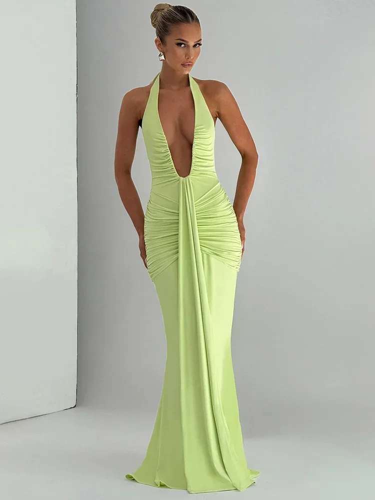 Tiefem V-ausschnitt Drapierte Geraffte Sexy Maxi Kleid Frauen Sommer Mode Halfter Ärmellose Backless Club Party Langes Kleid Elegante