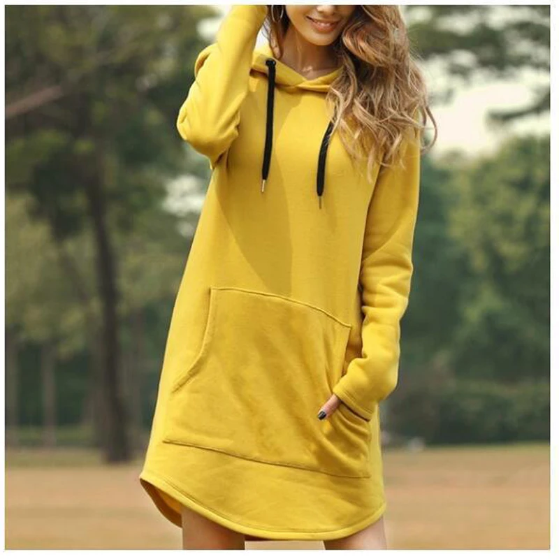 Hoodies Dress Women Autumn Solid Hooded Coat Casual Loose Pullover Sweatshirt Hoodie Dress