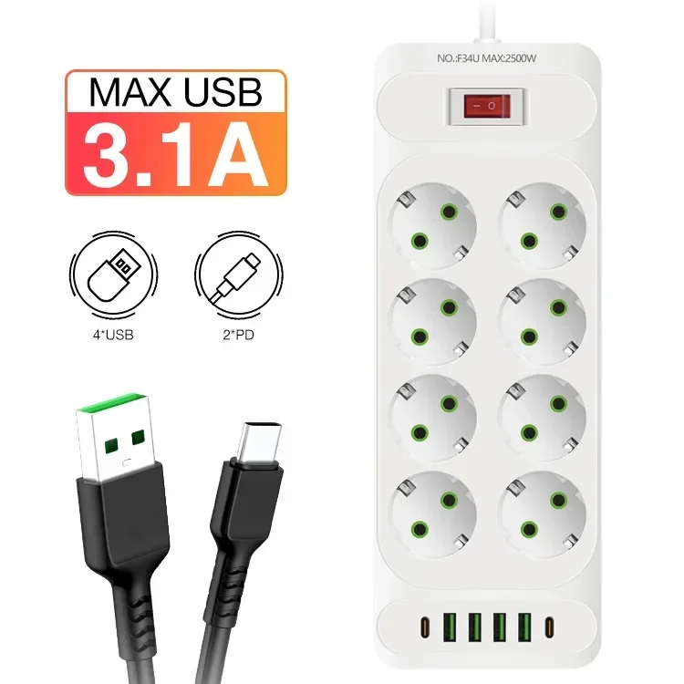 

Подключаемая USB-розетка для зарядки с переключателем, европейская розетка, домашний кабель с 8 отверстиями, настольная розетка 2 м, USB 5 В, 3,1 А