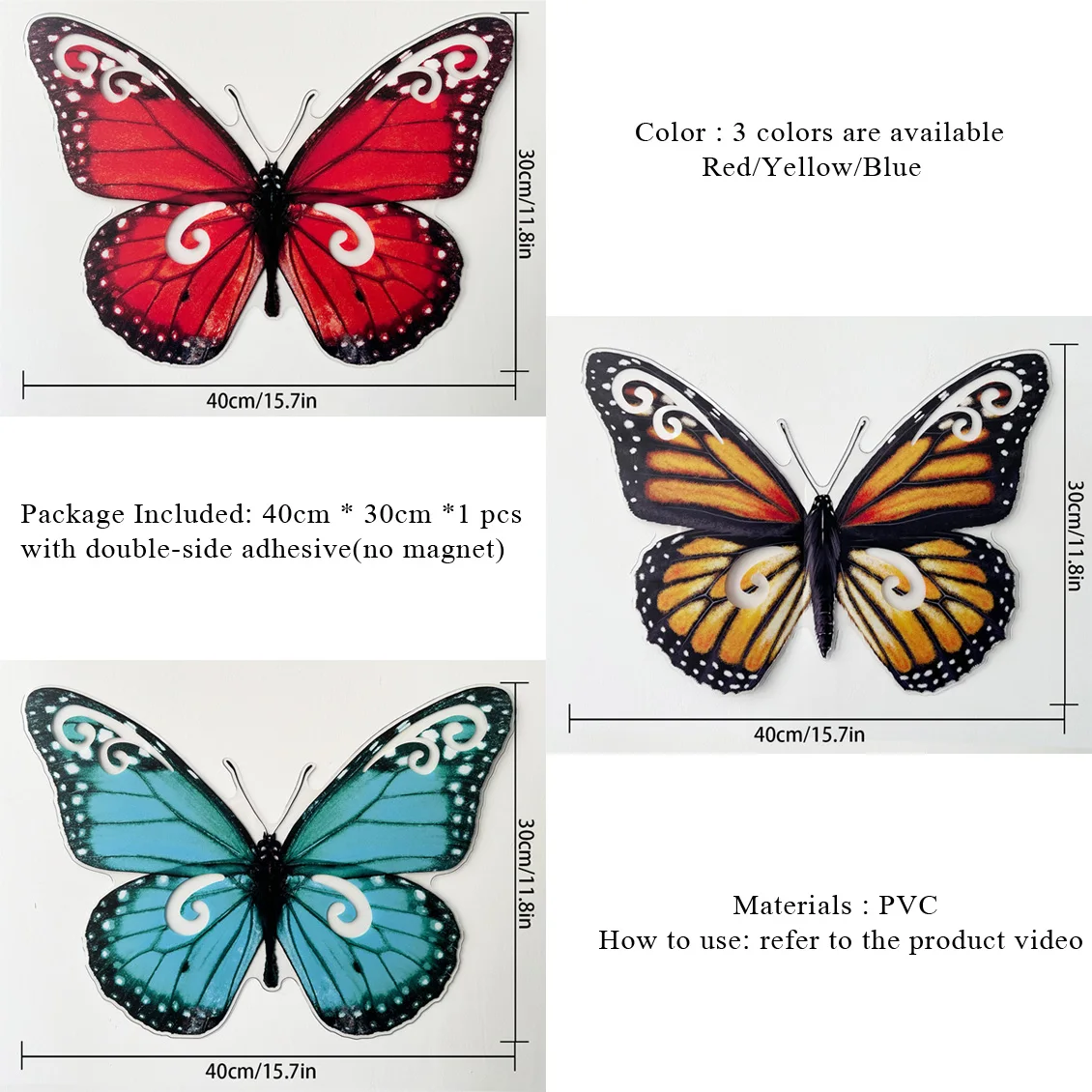 40cm Color Big Butterfly 3D Wall Sticker For Wedding Decoration Home Festival Wallpaper Living Room Bedroom Butterflies Stickers
