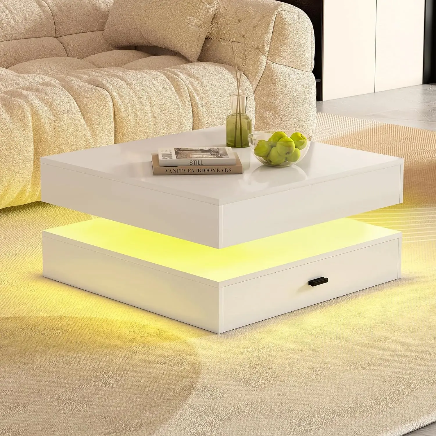 LED Coffee Table for Living Room - 2-Tier Modern High Gloss Square Table with Storage Drawers, 24-Color Adjustable Lights, Conte