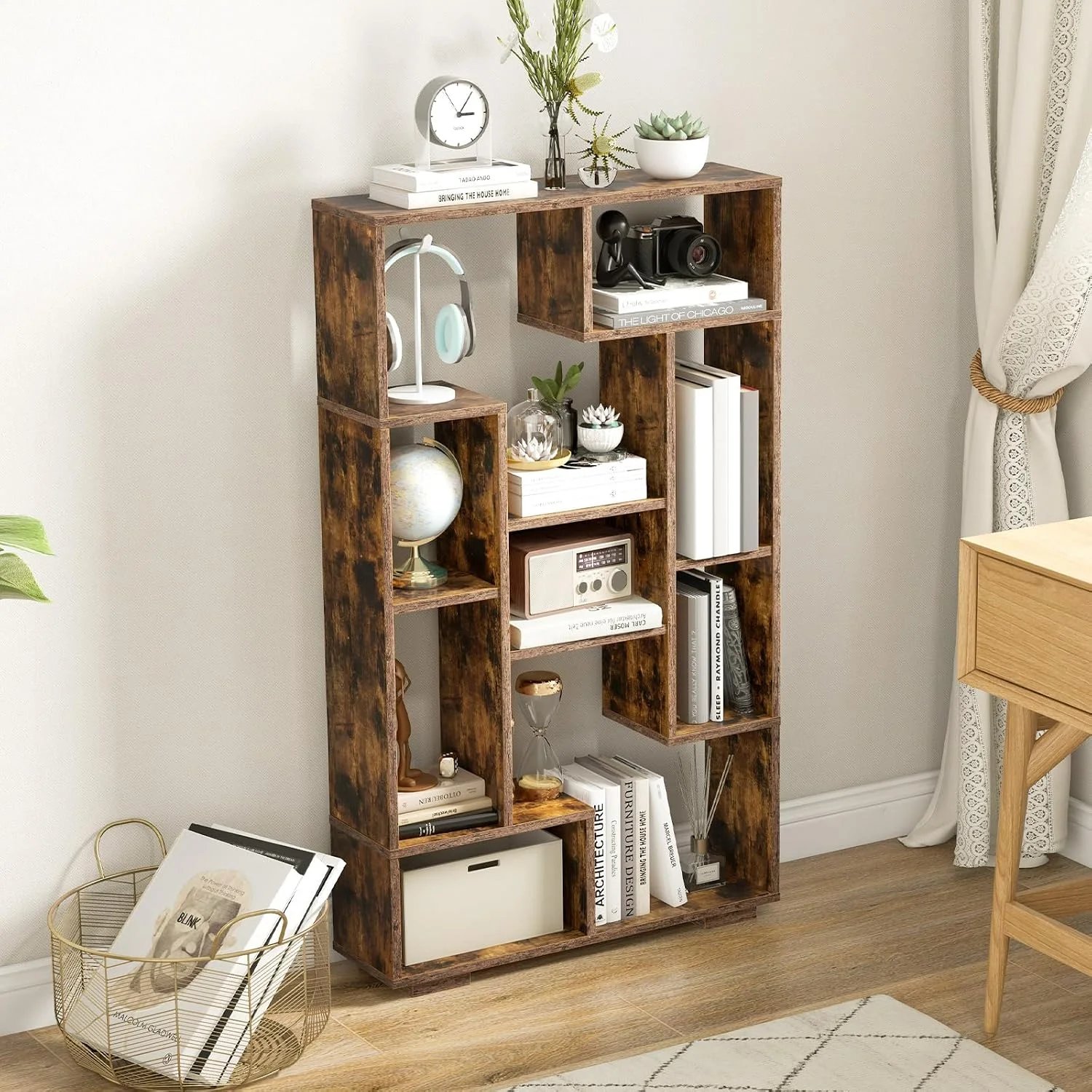 120 cm großes Bücherregal mit 9 Fächern, Standregal, Raumteiler, Mehrzweckregal, Holz, Lagerregal mit Neigungsschutz – Detail 7