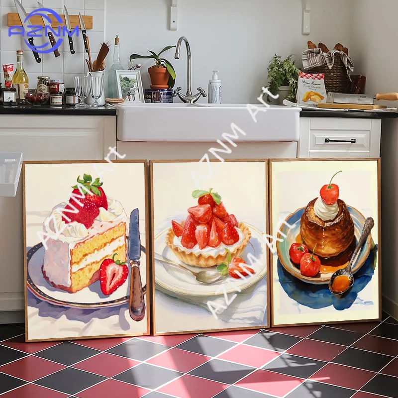 Póster de acuarela con diseño de postres, cupcakes, pastel de frutas, tartaletas de fresa, cuadro decorativo para pared, pintura en lienzo, decoración para el hogar