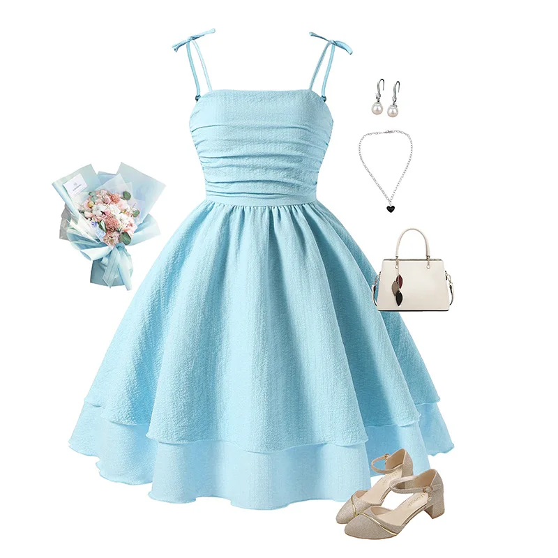 

2025 Summer New Girls Dress Solid Color Sling Tiered Sleeveless Princess Dress For 8 To 12 Years Teen Girls Party Dress Costume
