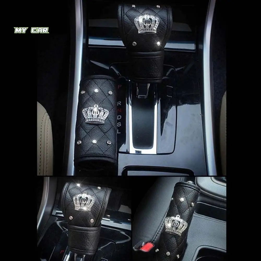 

Universal Leather Car Accessories Crown Diamond Hand Brake Cover Car Interior Decor Car Seat Belt Cover Gear Shift Knob Cover