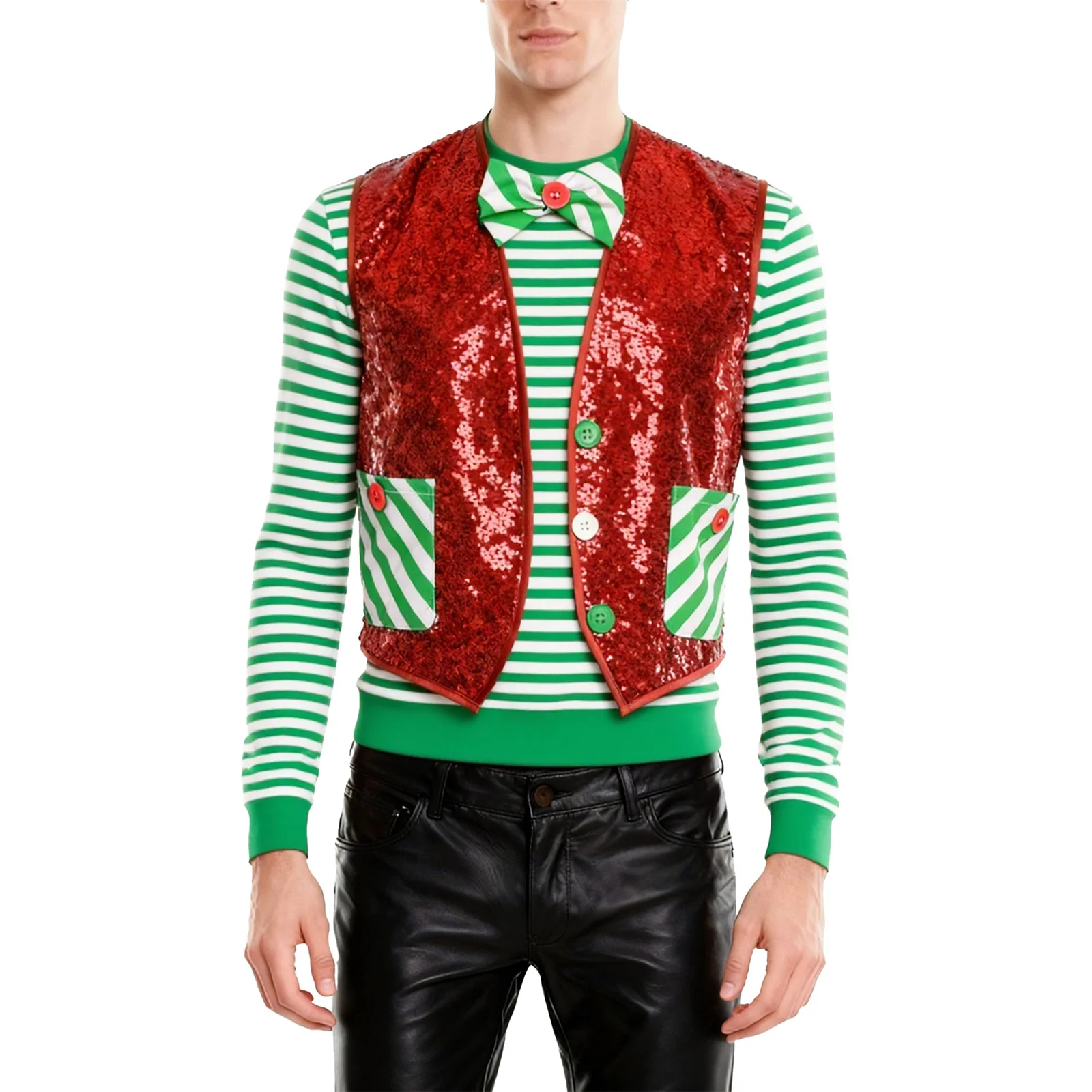 เสื้อกั๊กปักเลื่อมสำหรับผู้ชาย ชุดคอสเพลย์เอลฟ์ ชุดเต้นรำคริสต์มาส ชุดซานต้า พร้อมโบว์ไท เสื้อกั๊กทักซิโด้สำหรับงานปาร์ตี้