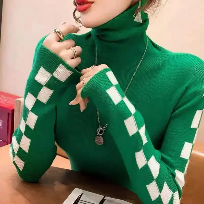 Knitted Women's Autumn Winter 2022 New Korean Version Temperament Versatile Long-sleeved TopTurtleneck Plaid Undershirt Sweater