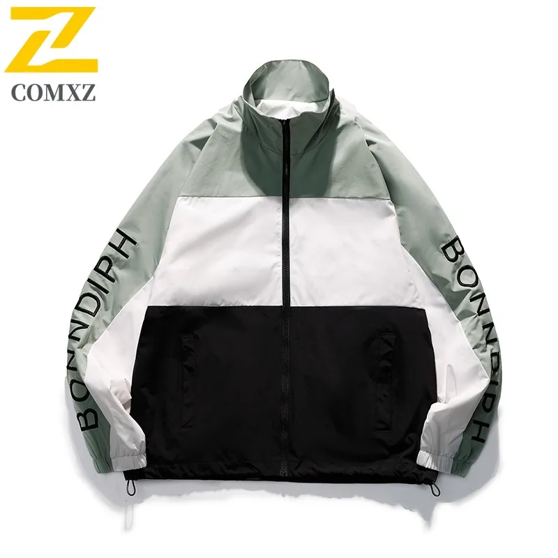 

COMXZ Branded Jacket Men New Stand Collar Letter Embroidery Hiking Lightweight Coat Streetwear Style Autumn Windproof Garment