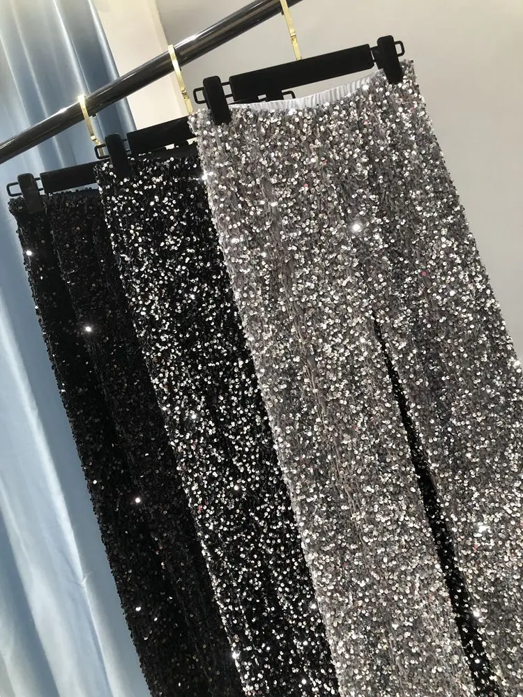 New Fashion Women's Sequins Wide-legged Pants Sparkling Gold Trousers Summer  Hight Waist Casual Female Glitter Straight Pants