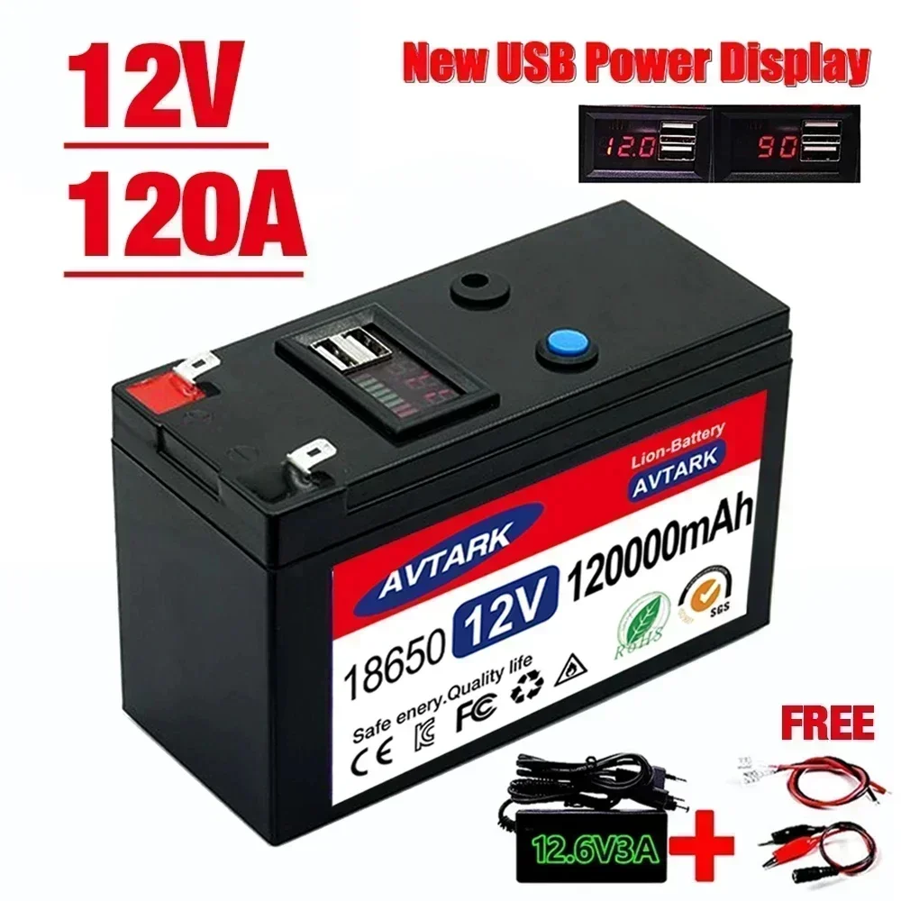 12V Battery 120Ah 18650 lithium battery pack Rechargeable battery for solar energy electric vehicle battery+12.6v3A charger