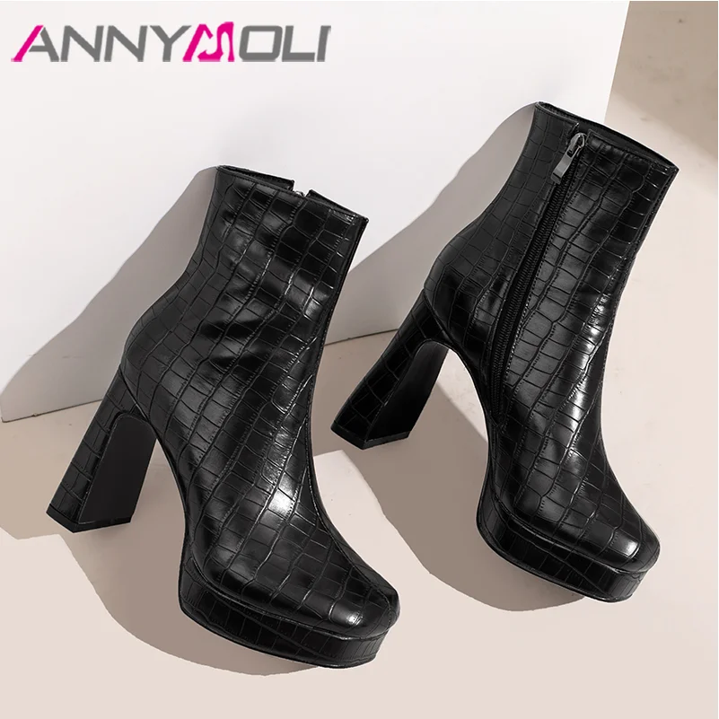 

ANNYMOLI Women Pu Leather Fashion Boots Thick High Heel Ankle Boots Sqaure Toe Zipper Booties Winter Fashion Shoes Black 35-46