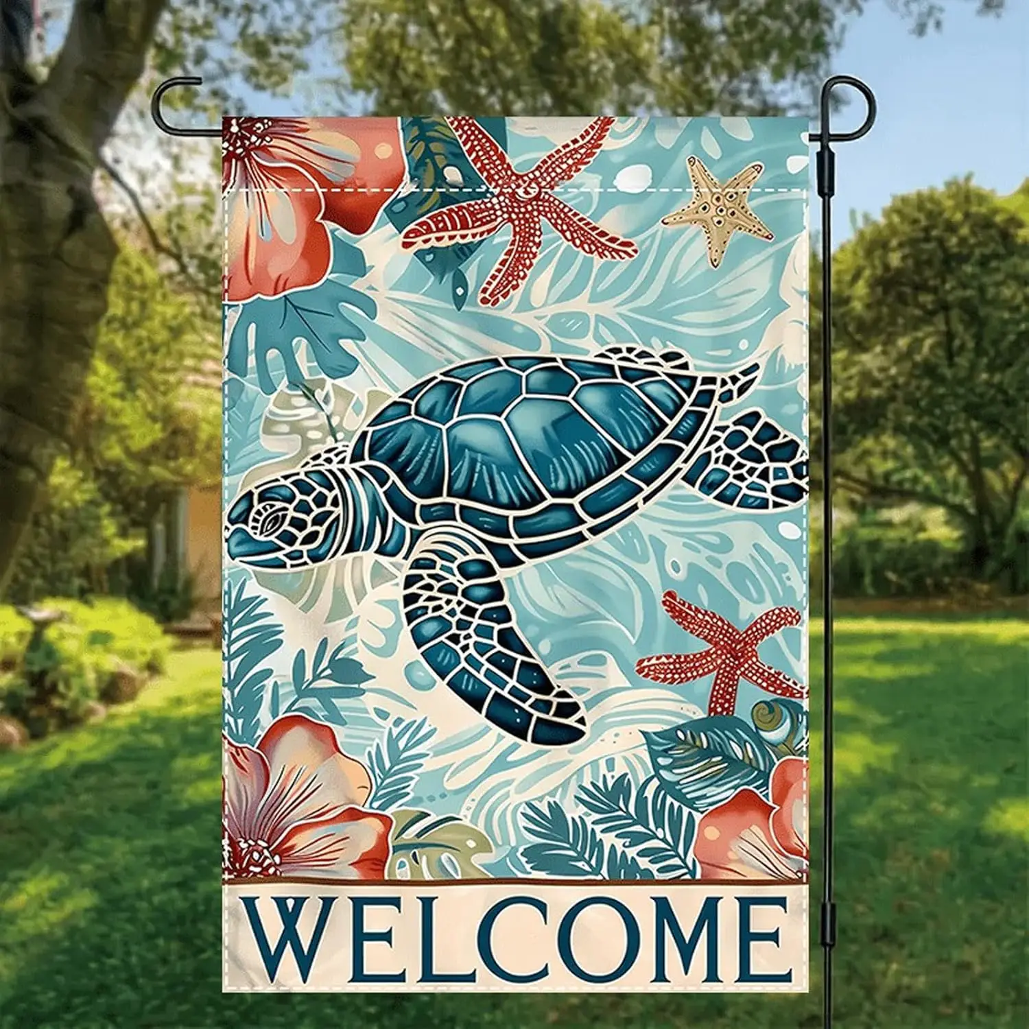 Welcome Spring Summer Blue Flowers Welcome Garden Flag 12x18 Inch Double Sided Outside Hawksbill Turtle Seasonal Farmhouse Y zzo