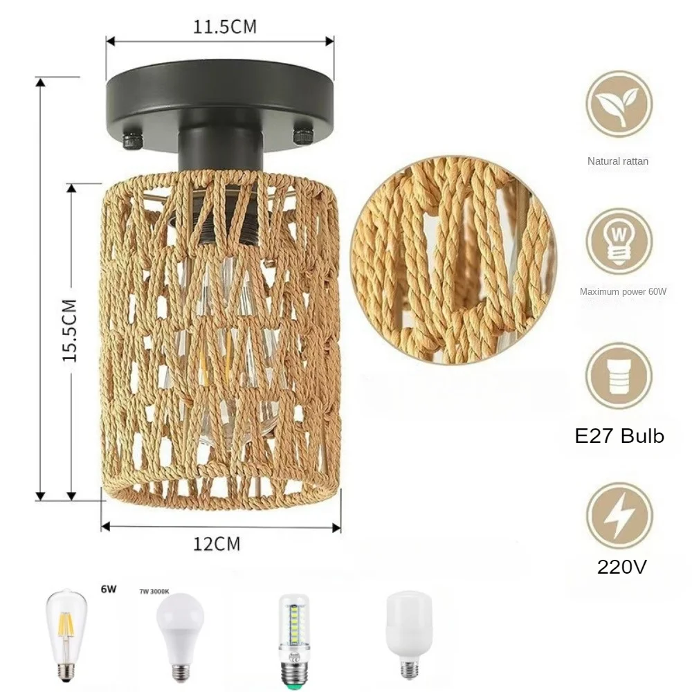 Bohemian Style Hemp Rope Rattan Lamp Hand-woven Ceiling Lamp Restaurant Hotel Indoor Bar Aisle Ceiling Light