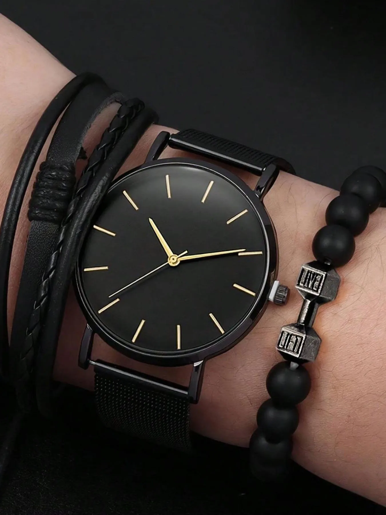 New minimalist bracelet watch, fashionable and trendy casual men's mesh strap quartz watch+bracelet