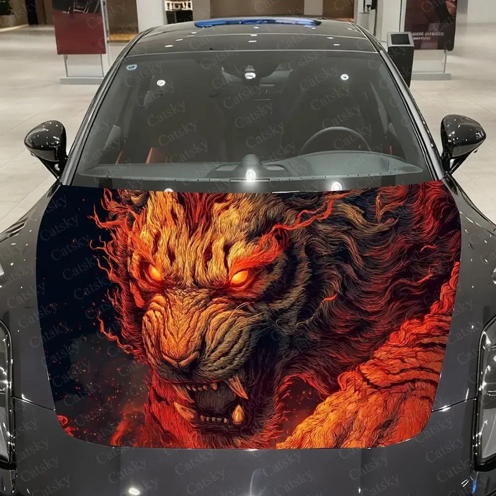Flame Demon Tiger Car Vinyl Wrap, PVC Waterproof Car Hood Sticker, Self-Adhesive Scratch-Resistant Stickers for Engine Cover