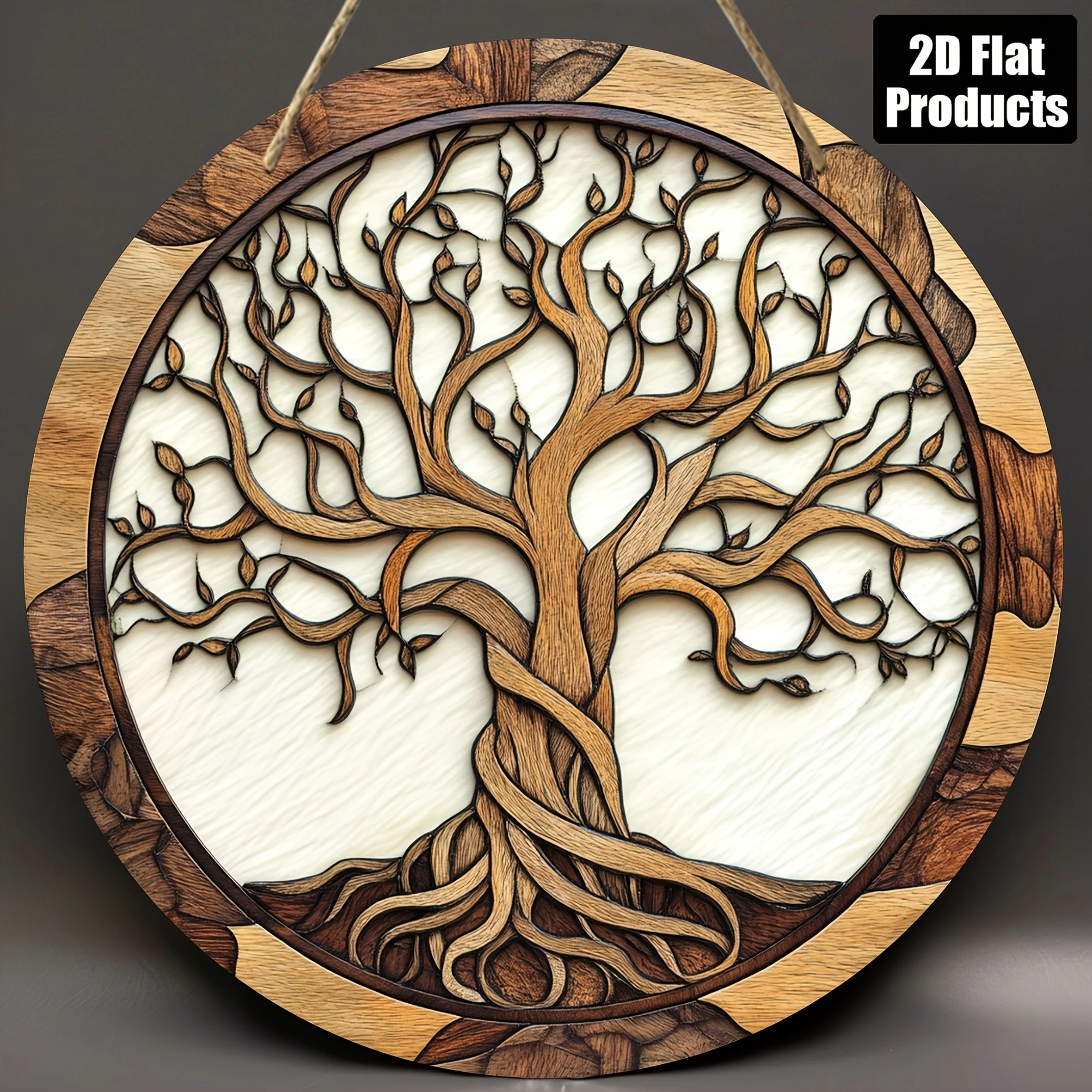 2D Flat, Tree of Life Mural Pastoral Style Round Wooden Decorative Sign, 8x8inch Piece, Home Decoration, Suitable for Living Roo
