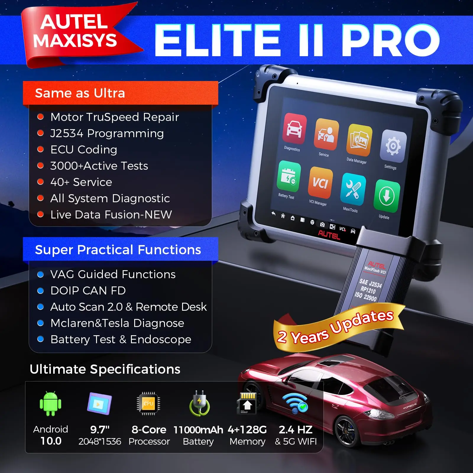 2026 Autel MaxiSys Elite II Pro Scanner Car Diagnostics Tool J2534 ECU Programming Coding DoIP CANFD 40+ Resets 3K+ Active Test