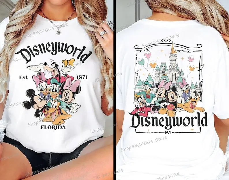Camisetas retrô de férias de Mickey e amigos, personagens de anime de desenho animado, camisetas femininas de manga curta