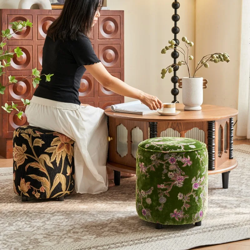 

Chinese fabric retro round stool, small stool in living room, light luxury and high-end sense, home seat pier, French shoe chang
