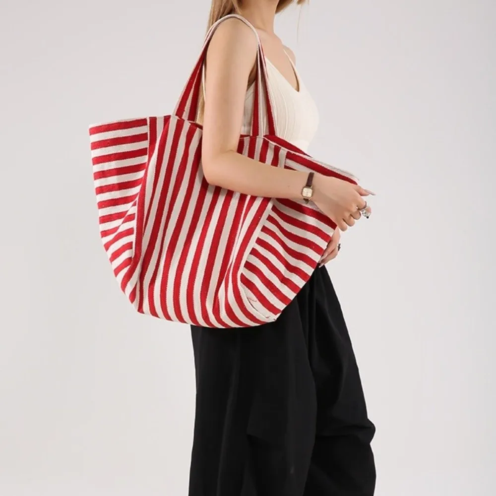 Portable Canvas Stripe Underarm Bag Shoulder Pouch Shopping Bag Felt Handbag Korean Style All-match Tote Bag Travel