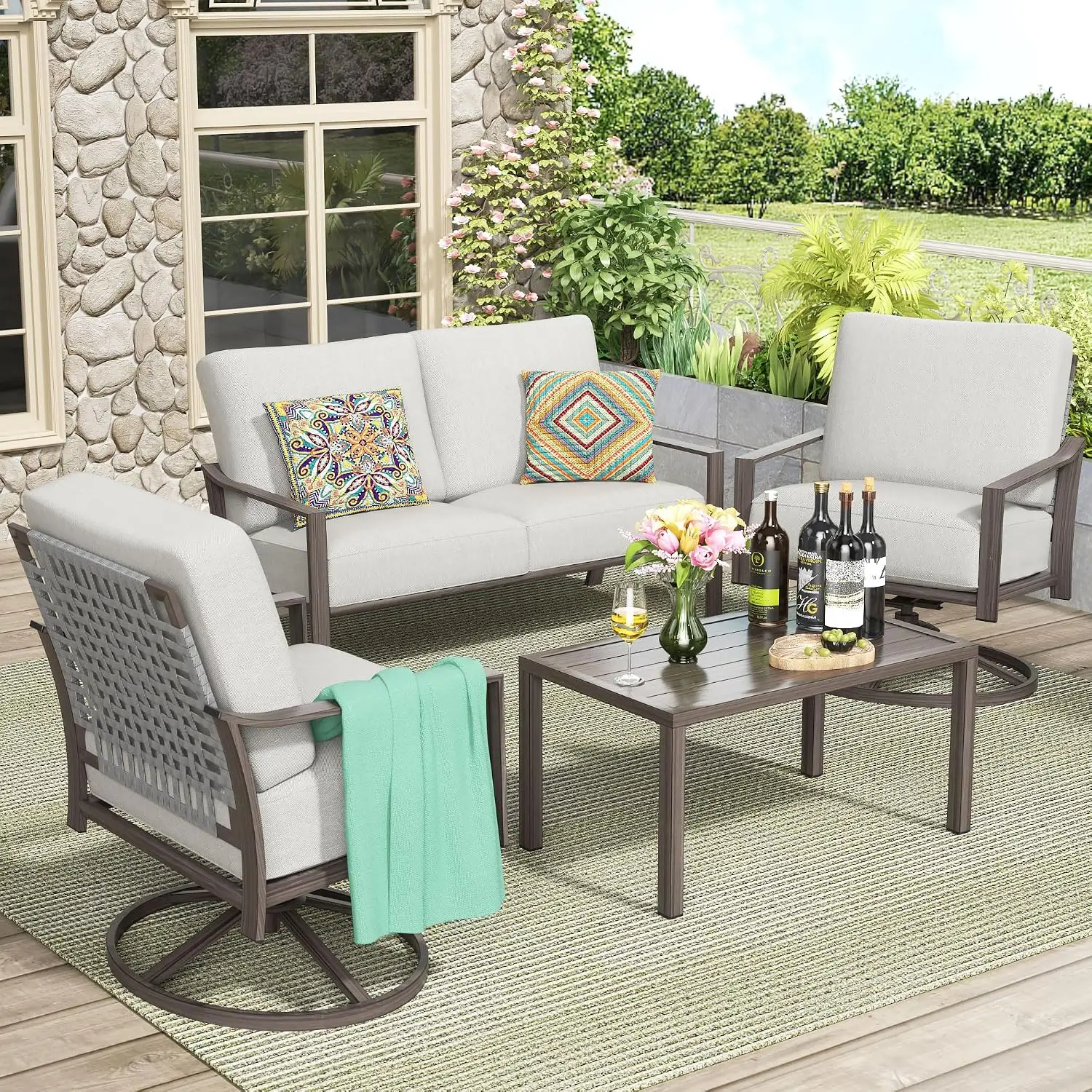 Outdoor 4-Piece Swivel Rocker Patio Set with Hand-Woven Rope High Back, Wood Grain Metal Frame & 6