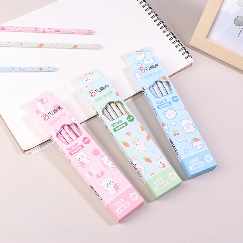 10Pcs/box Wooden Pencils Cute Cartoon HB Pencil Sketch Drawing Stationery Student School Office Supplies