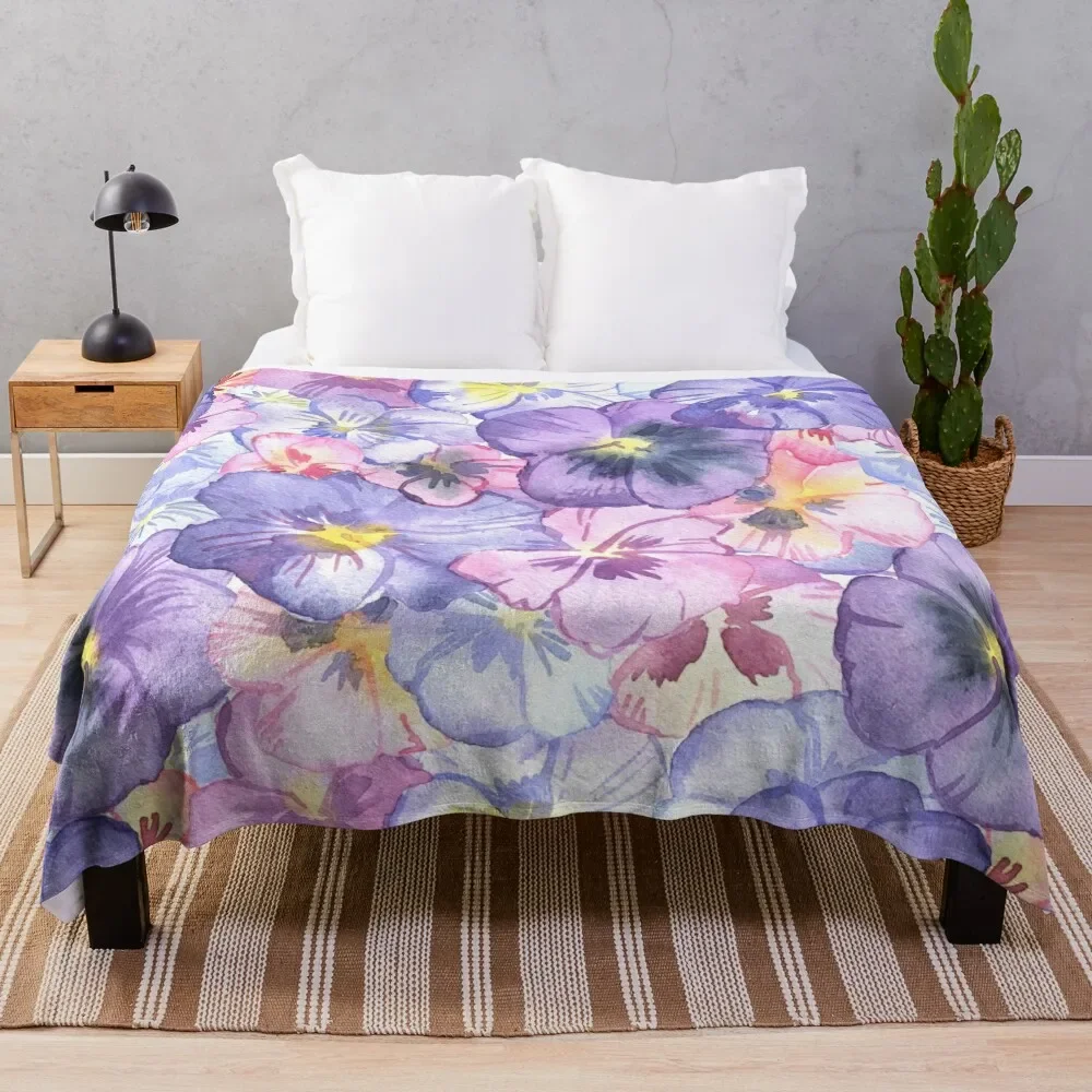 Watercolor Pansy Flowers Throw Blanket warm for winter Luxury Blankets