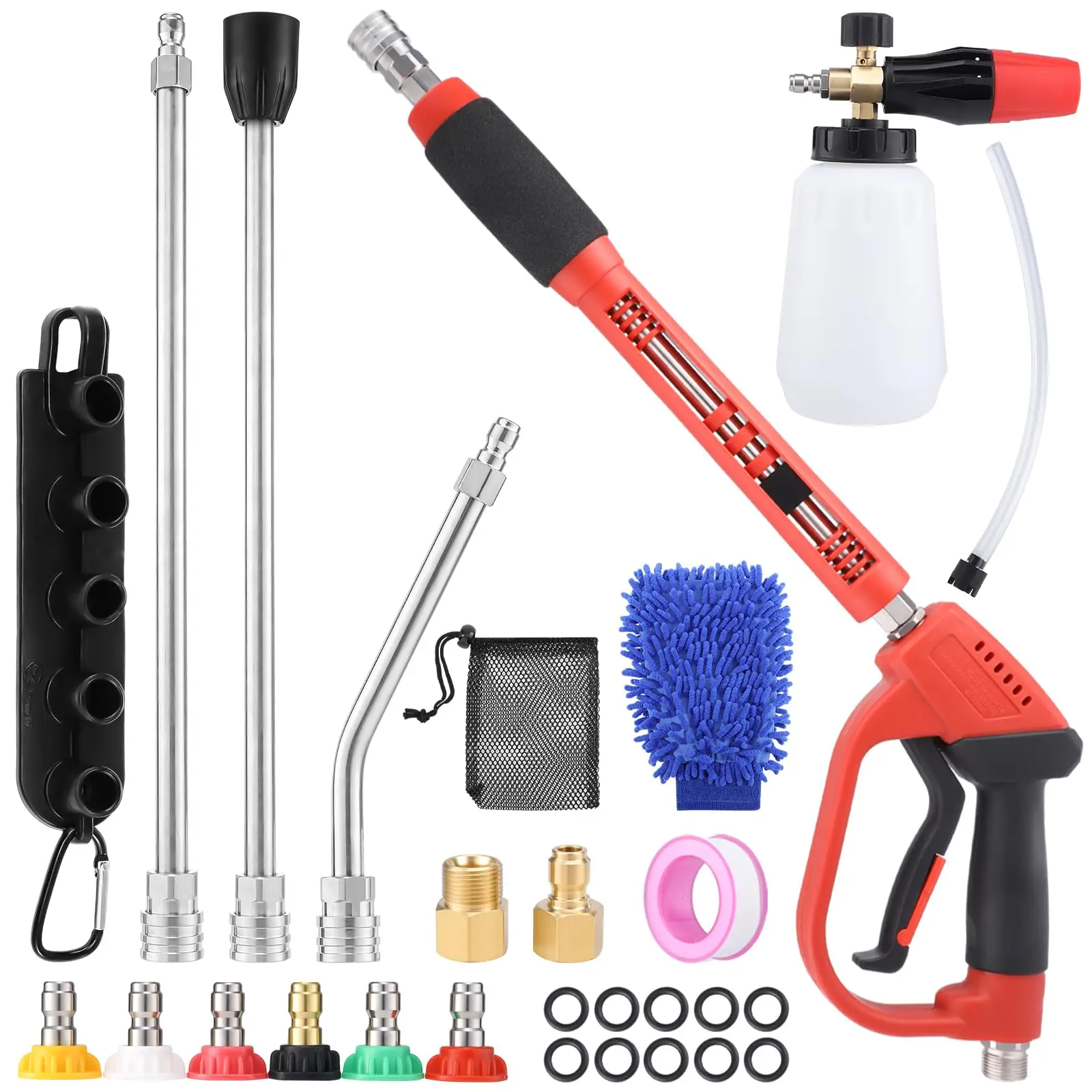 

18-Piece High-Pressure Washer Kit With Foam Cannon, 5000 PSI Gun, M22/14mm/15mm Fittings, 6 Nozzles, Extension Wands &