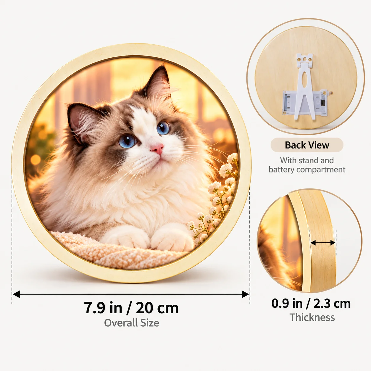 Personalized LED Shadow Box Custom Lighted Photo Frame Round Wooden Lamp 20cm Night Light Decor for Bedroom Living Room Art Gift
