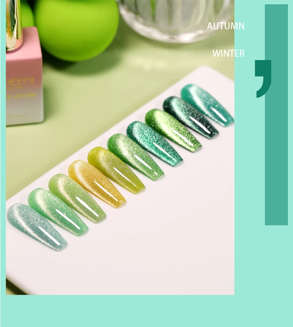 Vendeeni 10 Farben Grüner Glitzer-Brocken-Diamant-Katzenaugen-Gel-Nagellack Magnetischer UV-Soak-Off-Gel-Lack Eis-Smaragd-Gel-Lack – Detail 9