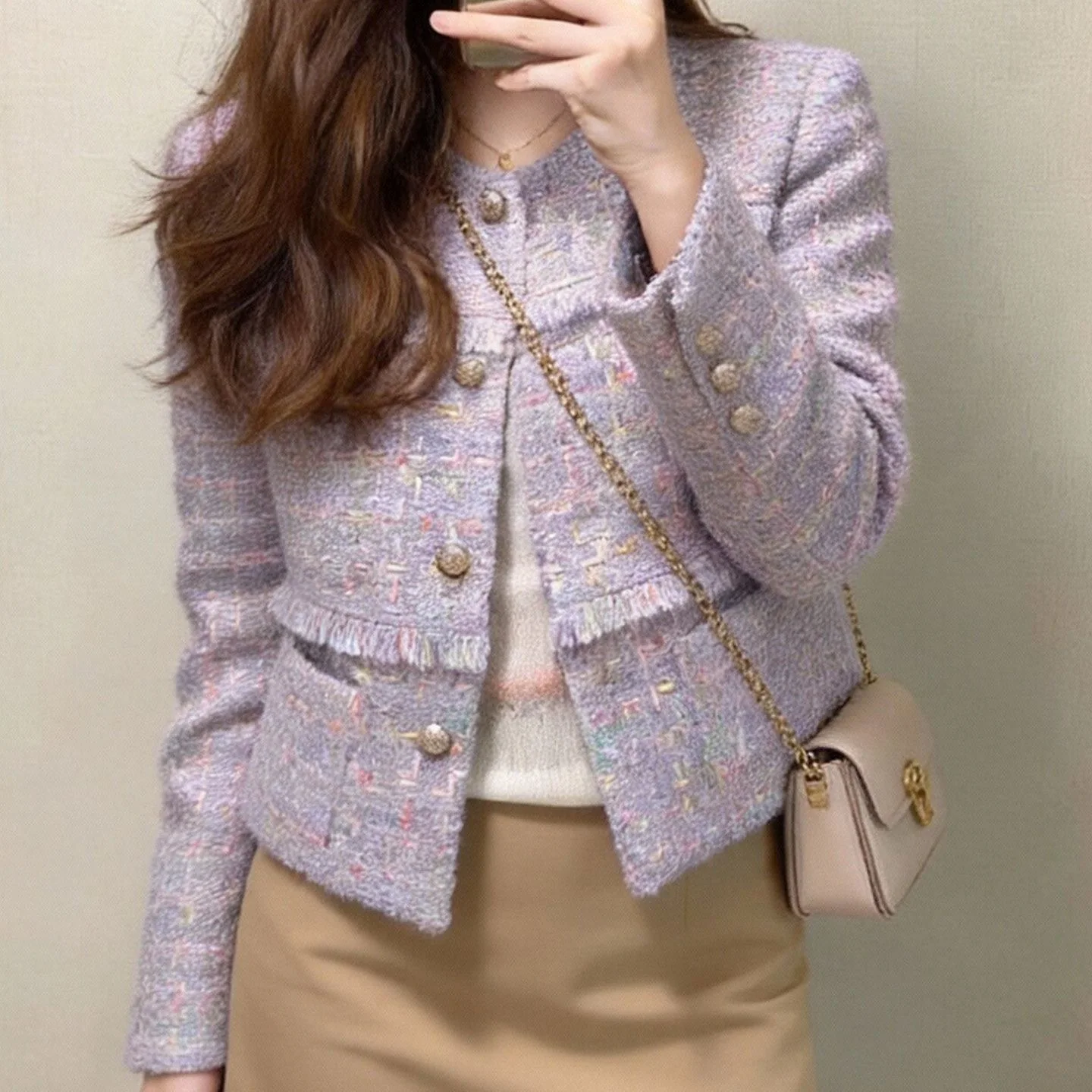 Delicate Purple Short Coat Spring New Style Luxury Coarse Tweed Shoulder-Length Slimming Outerwear for Women Straight Cut Cot...