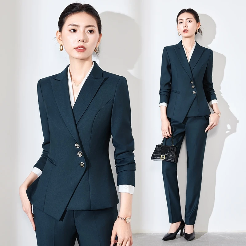 

Elegant Women's Professional Sales Suit Set Deep V-neck Formal Hotel Work Uniform High Quality Polyester Blend Long Sleeve