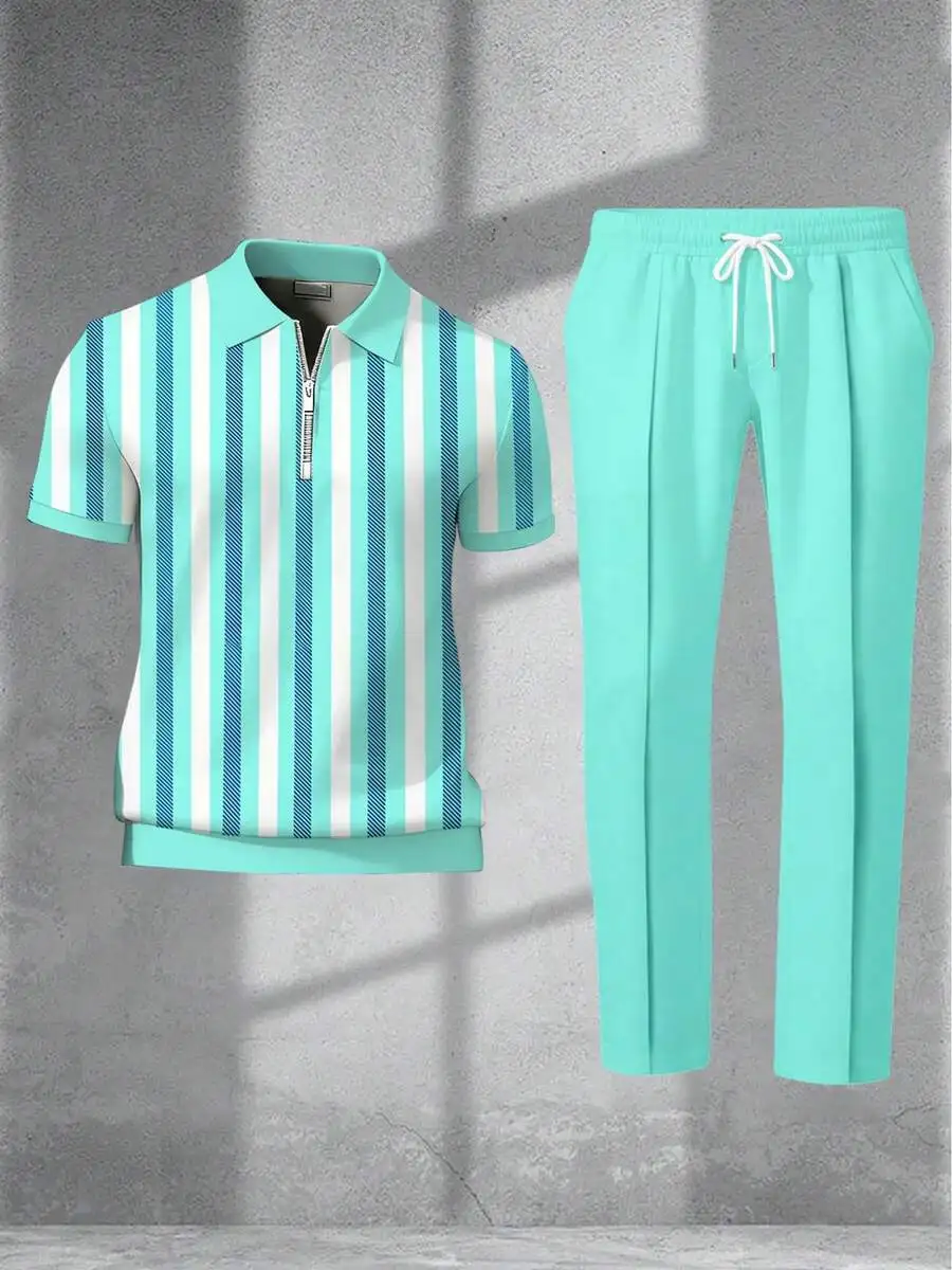 Mens Striped Quarter-Zip Shirt And Drawstring Trousers Set Casual Polyester