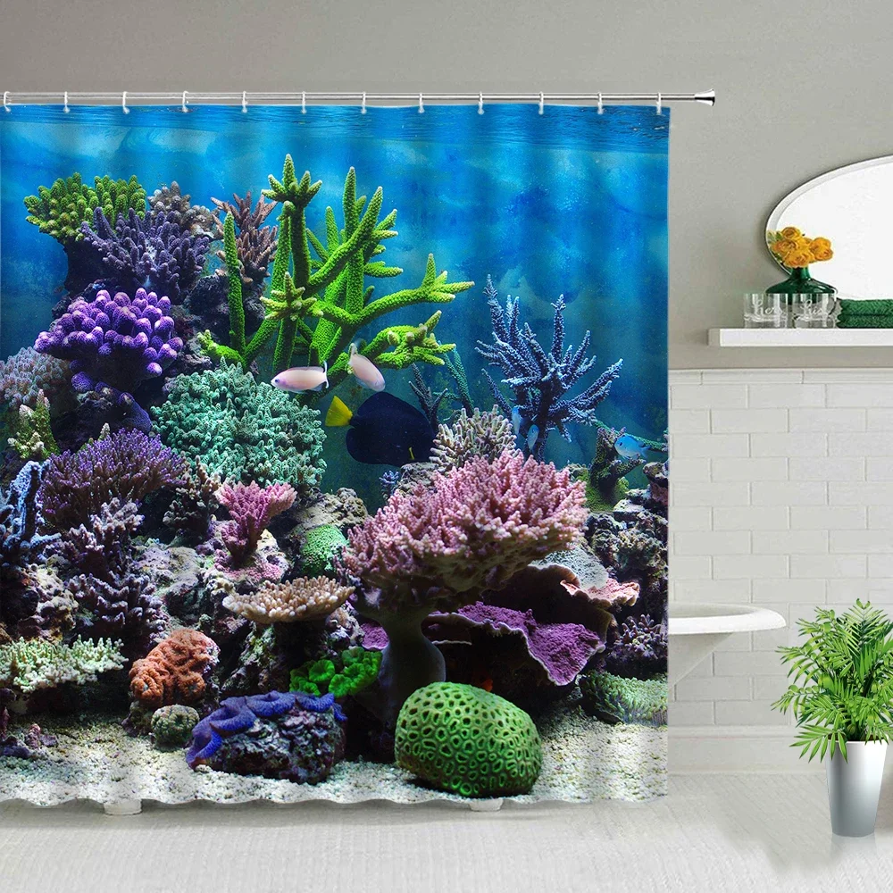 Tropical Fish Ocean Landscape Shower Curtains Underwater World Scenery Bathroom Decor Waterproof Fabric Bath Curtain With Hooks