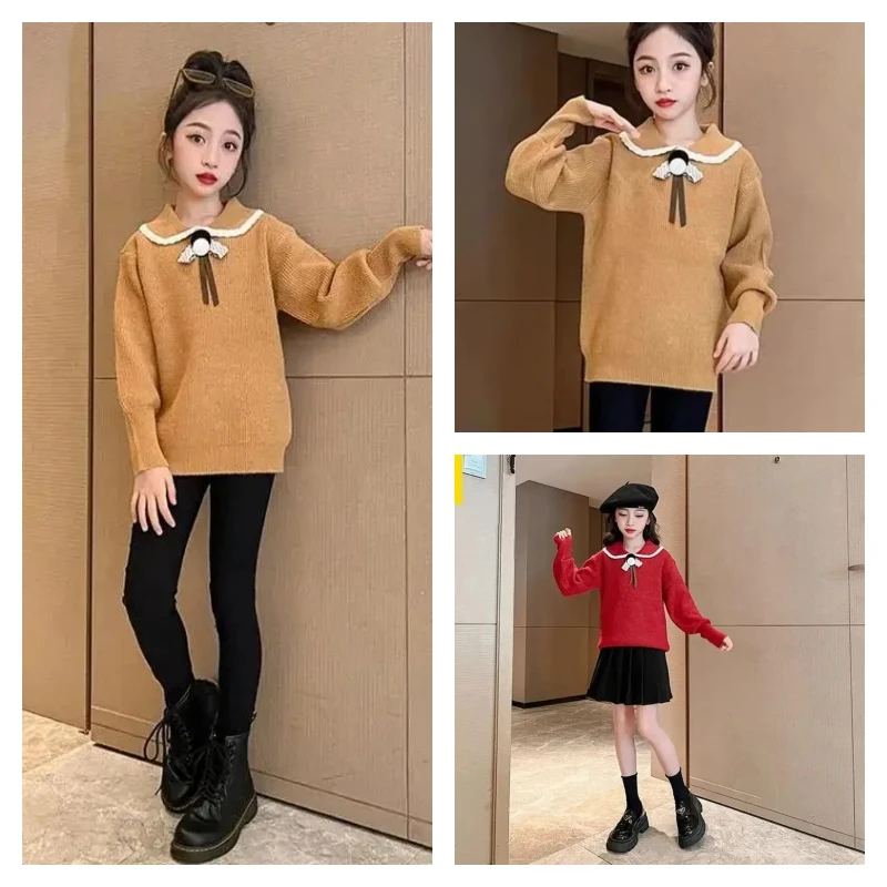 

Горячий Kawaii модный свитер для девочек, трикотаж, студенческий осенне-зимний повседневный пуловер с воротником Питера Пэна и длинными рукавами, детская одежда