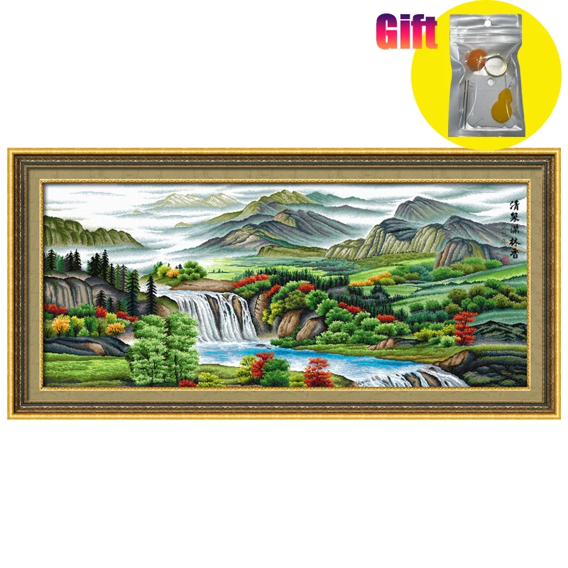 Spring Cross Stitch Kit Mountain Stream Forest Landscape Painting Incomplete Printing 11CT DIY Embroidery room decoration Craft