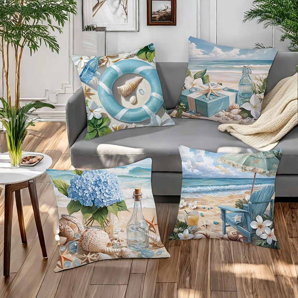 Set of 4 Beach Coastal Throw Pillow Covers Ocean Nautical Tropical Summer Cushion Cases Home Decor Seashore Accent Pillow Gift