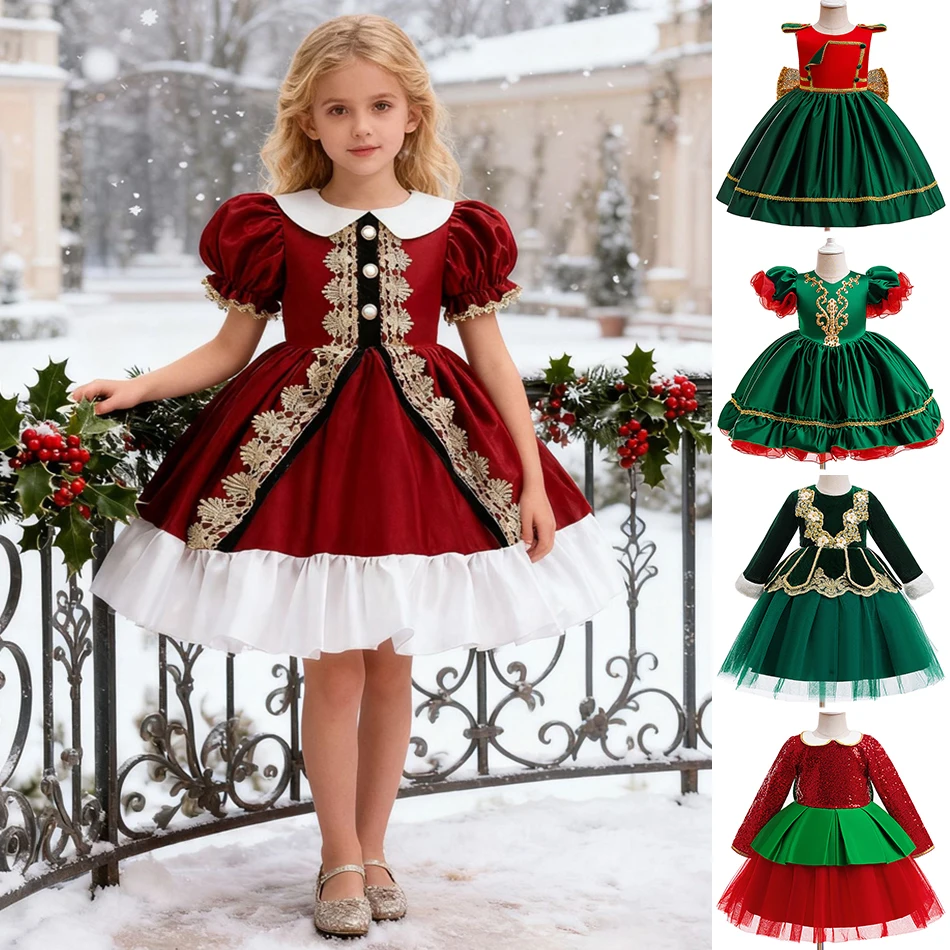 

Kids Sequin Mesh Christmas Party Princess Dress Children Girl Red Green Fancy Costume New Year Festival Performance Evening Gown