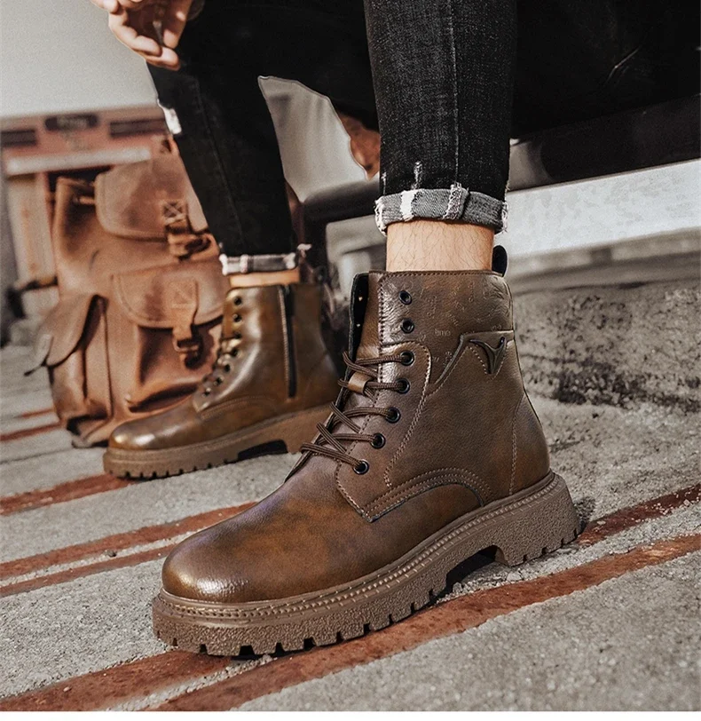 6cm Invisible Height Increasing Men Boots Leather Outdoor Autumn Winter Shoes Warm Non-Slip Comfortable Elevator Ankle Boots